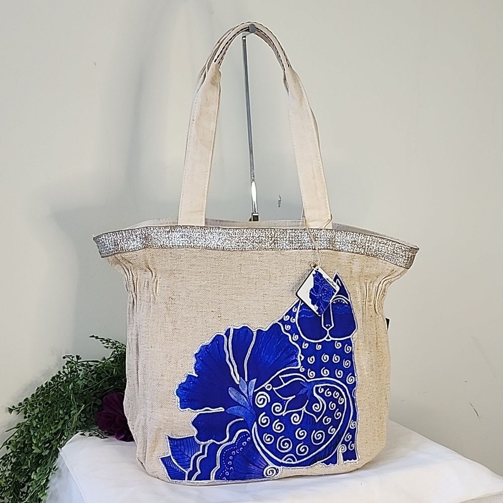 Laurel Burch Coastal Grandma Blossoming Felines Gathered Tote Shoulder Bag